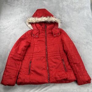 Pink Envelope Puffer Jacket M Red Womens Faux Fur Hood Quilted Winter Snow Coat